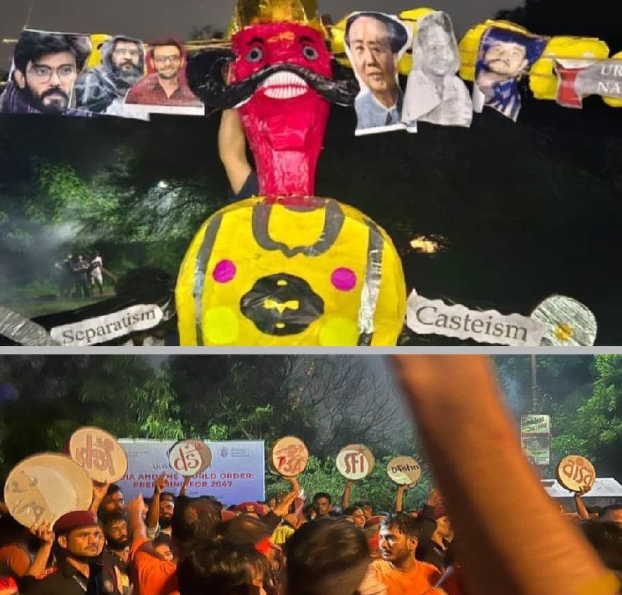JNU তে ABVP প্রাক্তনী উমর, শারজিলদের রাবণ সাজাল, বামেদের প্রতিবাদে সংঘর্ষ